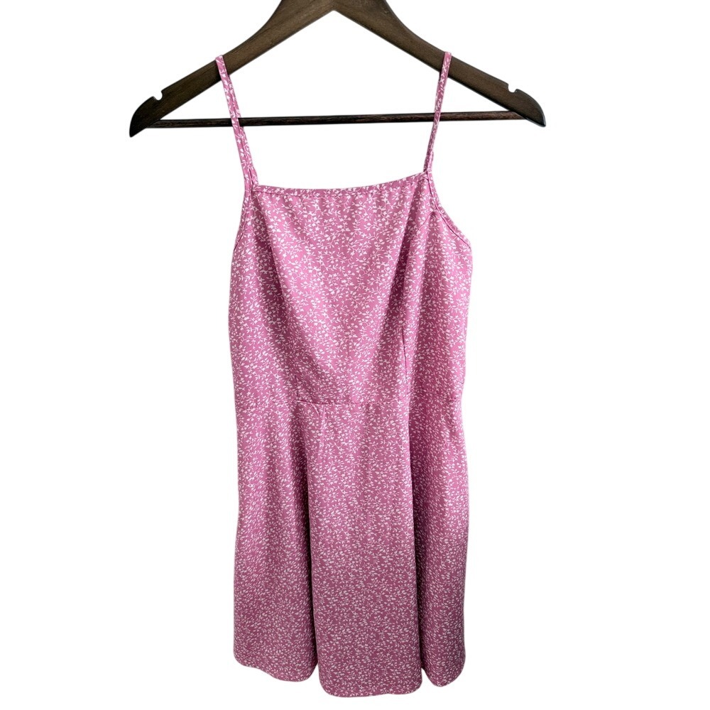 Pink Floral Mini Dress Spaghetti Strap Fit & Flare Sheer‎ Overlay No Tag